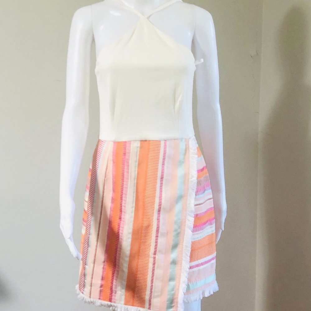 Hutch STRAPPY DRESS WITH PATTERNED SKIRT IN CREAM, ORANGE AND PIN…